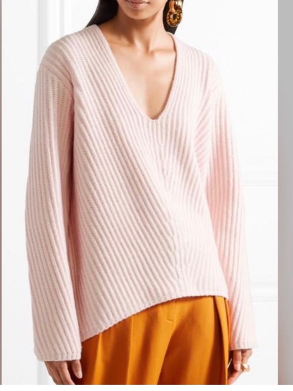 Acne Studios Deborah V-Neck Wool Sweater in Baby Pink chunky thick